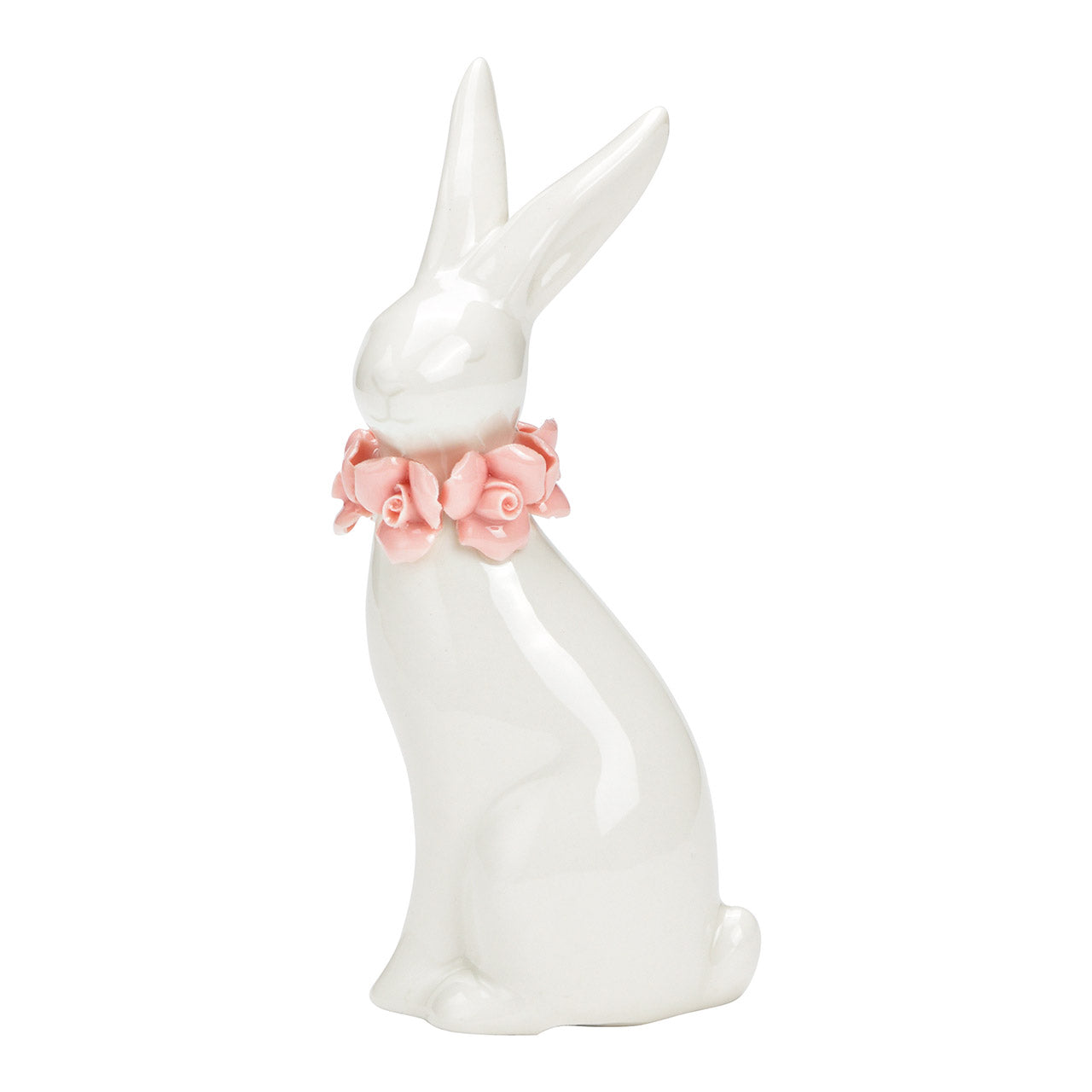 Sitzender Hase mit rosa Blumenkranz